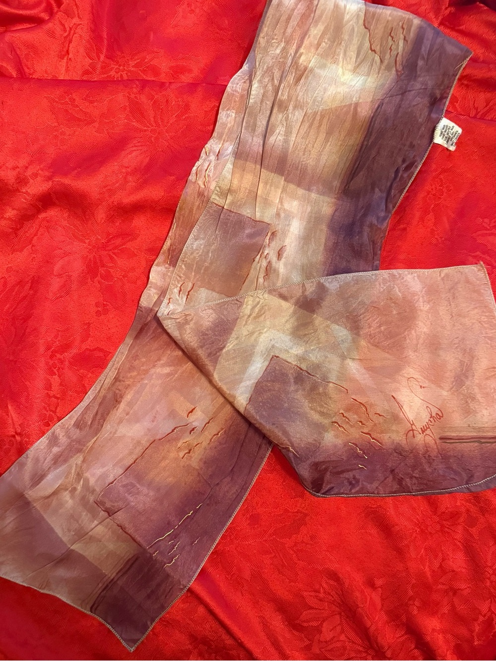 Signed Abstract Pattern Silk Scarf in Mauve and Ivory